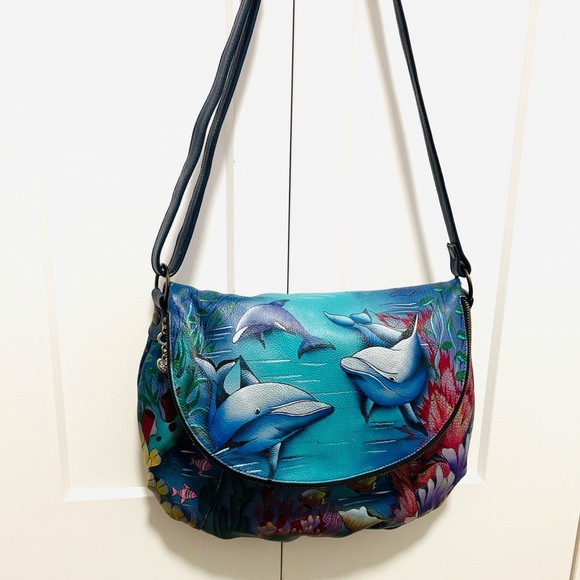 [Anuschka] Hand-Painted Leather Medium Flap Messenger Bag Purse, "Dolphin World" - Picture 4 of 16